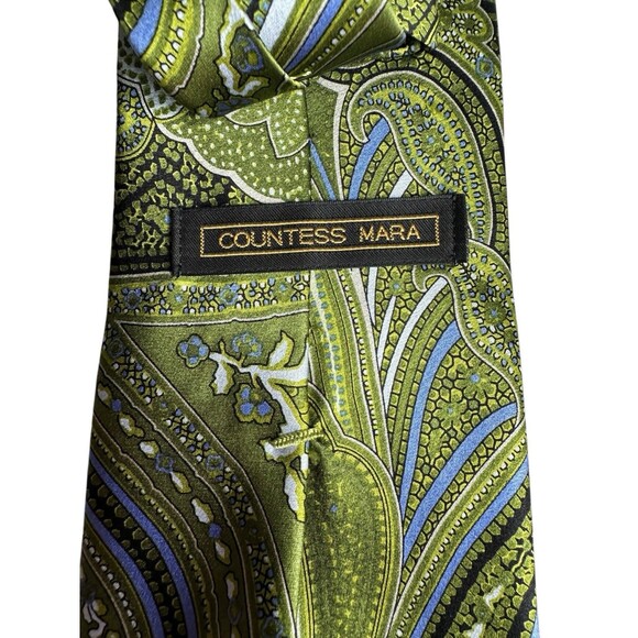 COUNTESS MARA 100% Silk Necktie Green Paisley Multicolor Striped Tip - Picture 4 of 14